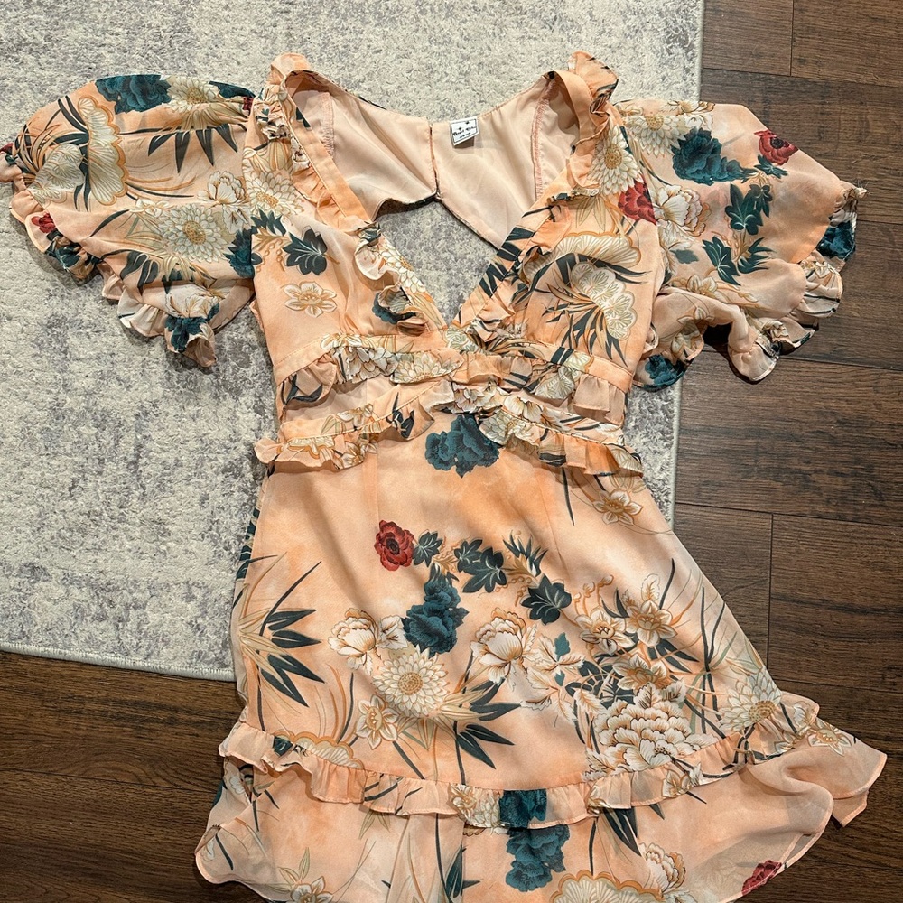 Hello Molly Floral Ruffle Dress in Peach and Teal